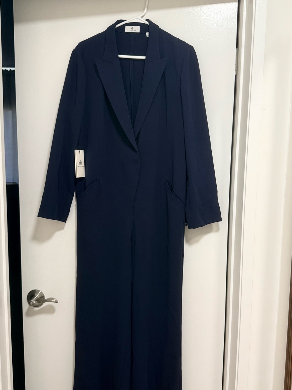 Babaton Navy Long Jumpsuit with Blazer Collar